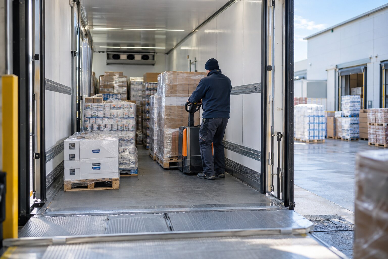 Scarico di prodotti alimentari pallettizzati dall’interno di un semirimorchio refrigerato